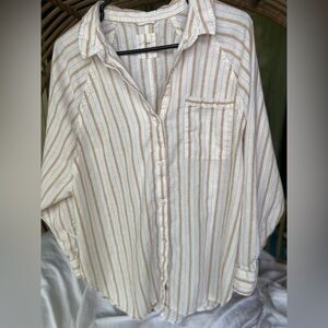 aerie Cream and Tan Striped Button-Up Shirt